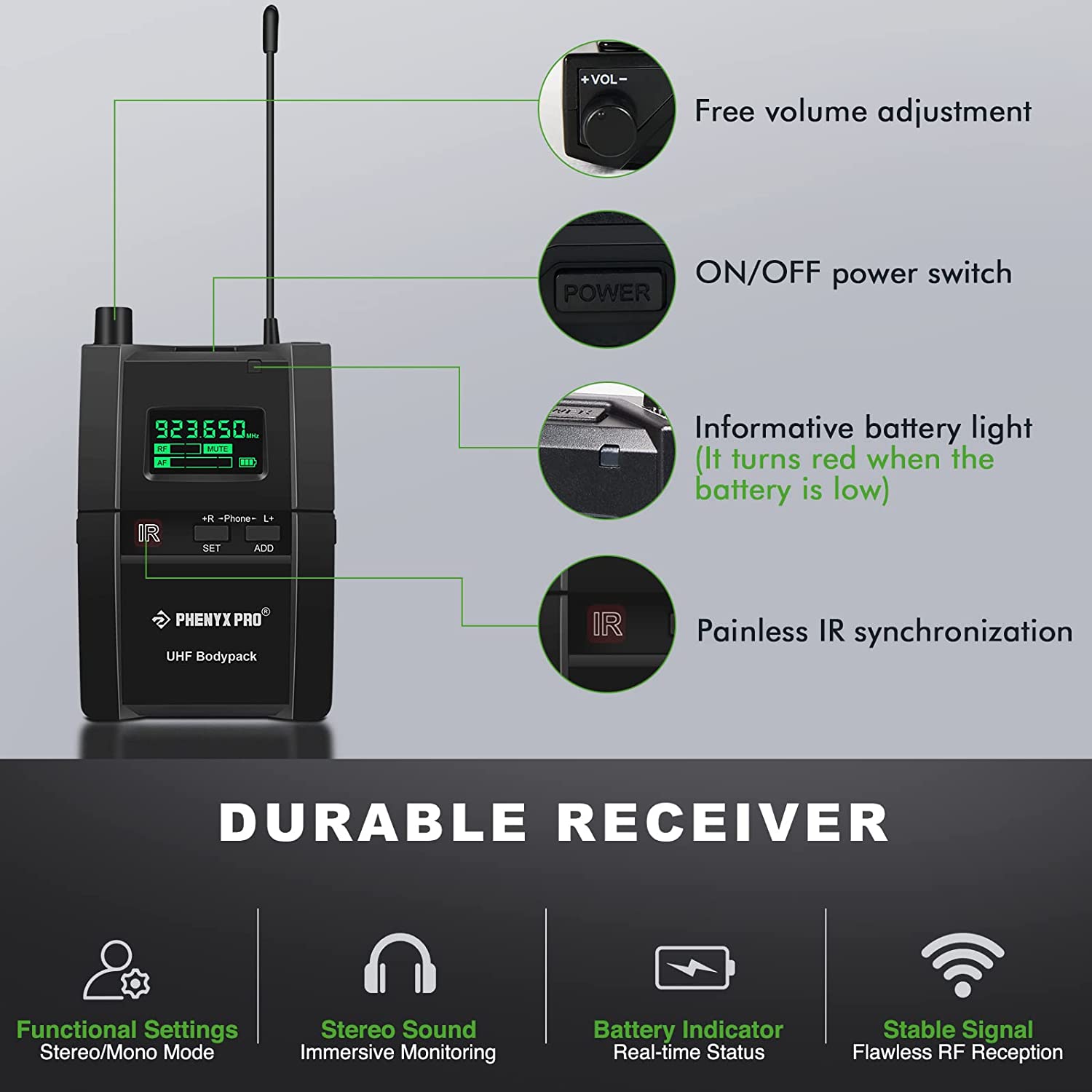 PMR-1 | 500 MHz - Stereo Wireless IEM Bodypack Receiver for PTM-10, System Parts, Phenyx Pro at MSMAV
