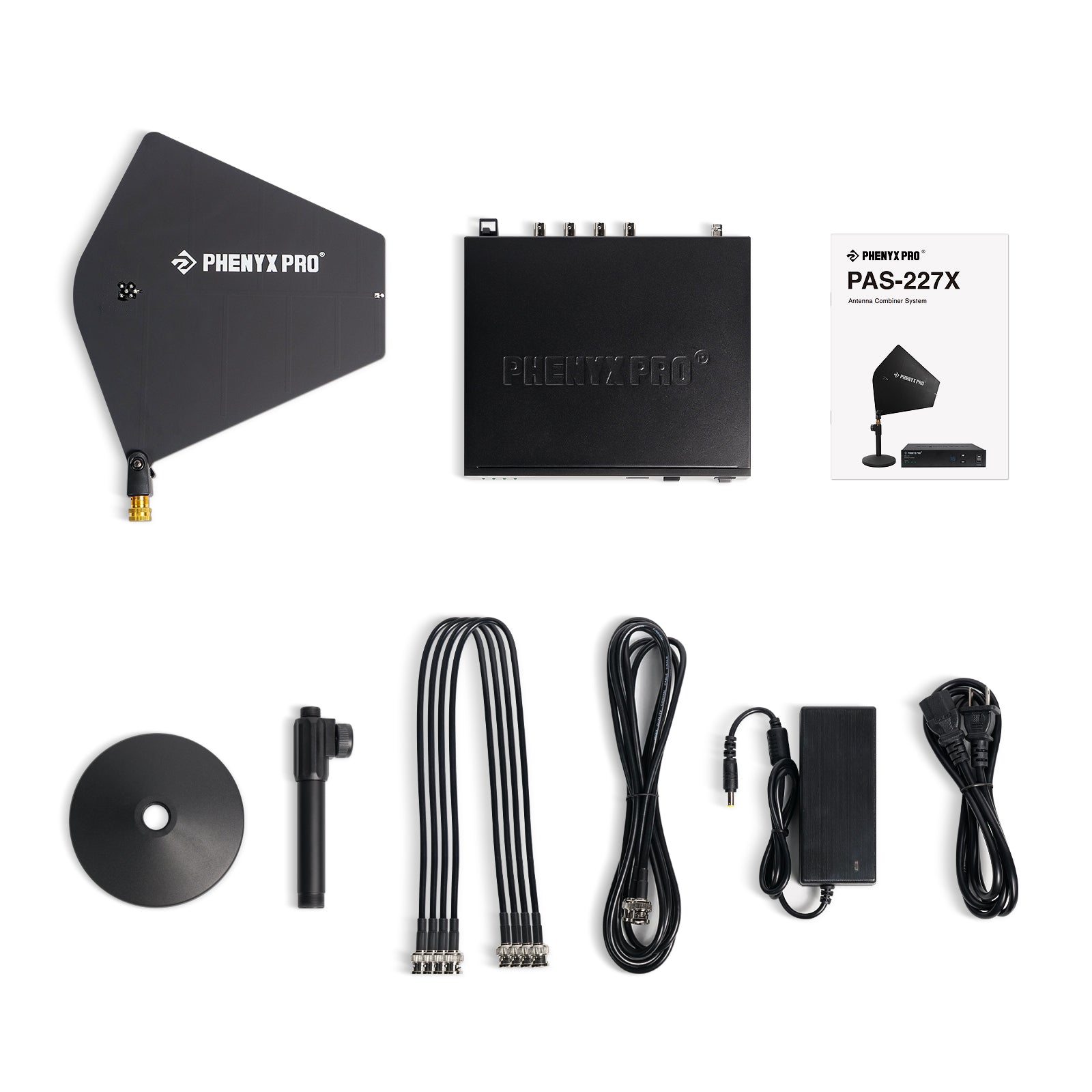 PAS-227X - Black - UHF 4-Way Wireless Antenna Combiner Bundle - Flat Lay View of Complete Set - Phenyx Pro