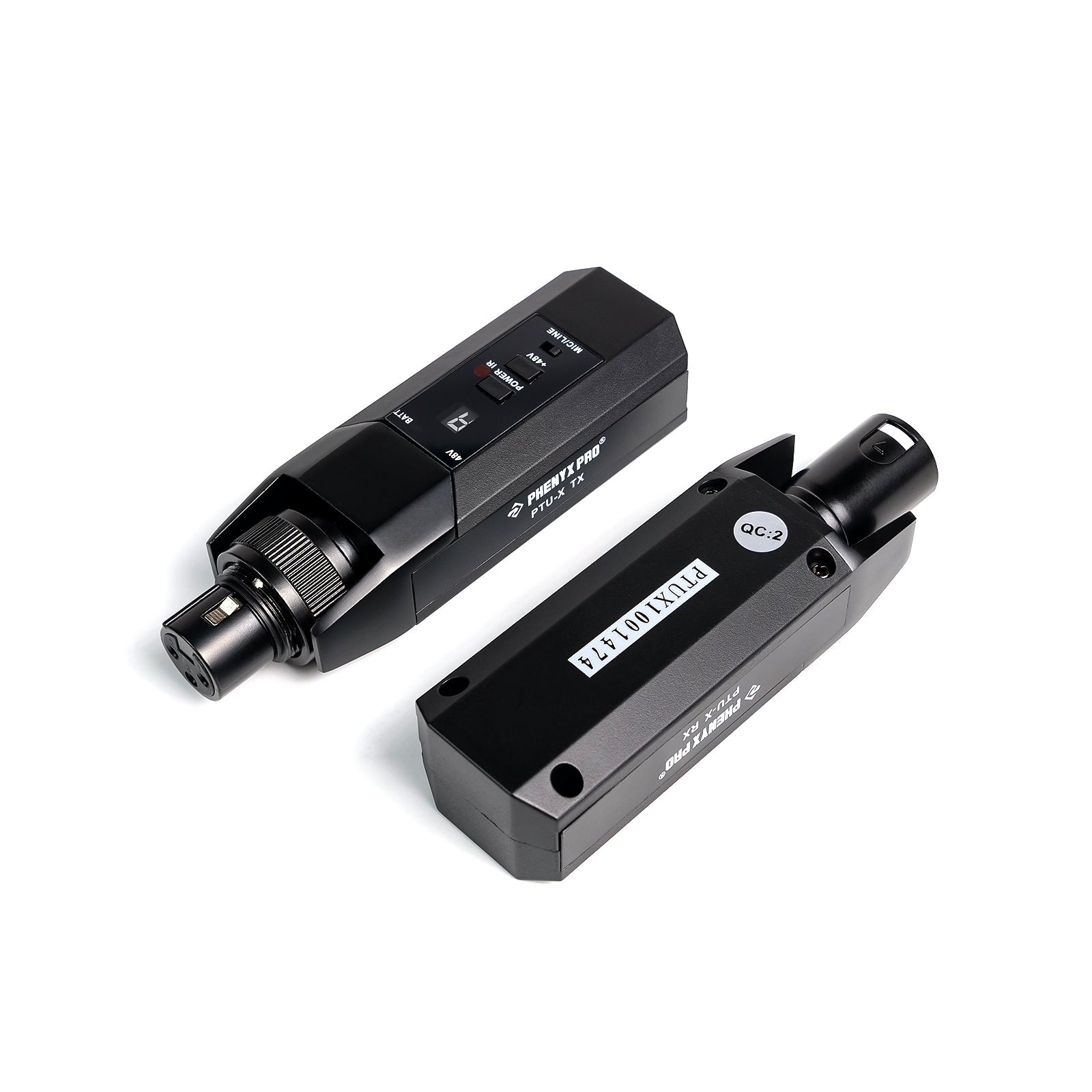 PTU-X - Black - Plug-on XLR Wireless Transmitter Receiver System - Front and Back View - Phenyx Pro