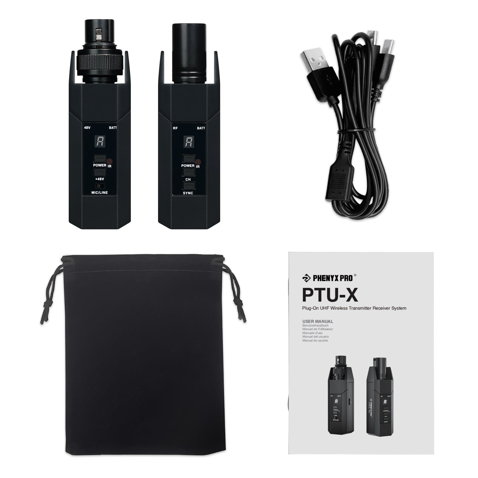PTU-X - Black - Plug-on XLR Wireless Transmitter Receiver System - Product Kit Display - Phenyx Pro